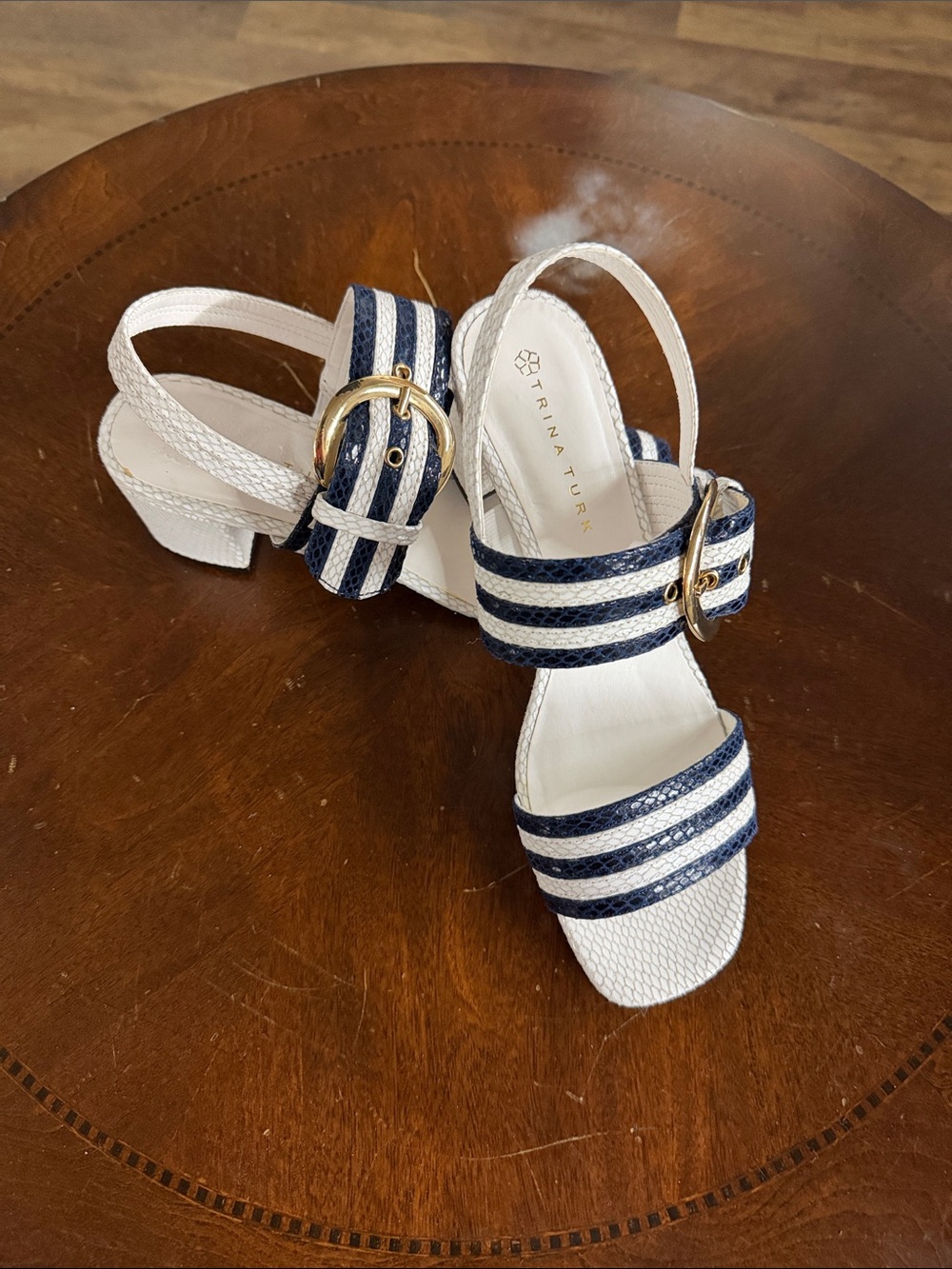 Trina Turk White and Navy Striped Block Heel Sandals
